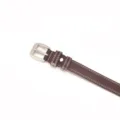 Brown women leather belt with silver pin buckle and white stitching casual accessory. - Coffee