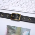 Black leather belt with metal eyelets and vintage square buckle, versatile casual waist accessory. - 105cm / Black Strap Gold Buckle