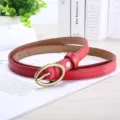 Women red thin leather belt with vintage oval brass buckle stylish slim waist strap for jeans - 105cm / Red