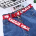 Red canvas belt with letters, double ring buckle, trendy denim match accessory for women. - 130cm / Red