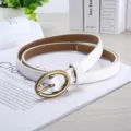 Women minimalist thin leather belt with elegant oval metal pin buckle for casual daily wear. - 105cm / White