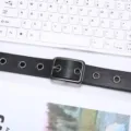 Black PU leather grommet belt with silver square metal buckle minimalist style variant - 105cm / Black Gunmetal Buckle