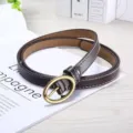 Women thin brown leather belt gold oval buckle fashion jeans dress accessory simple chic design - 105cm / Coffee
