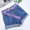 Women's denim shorts with purple canvas belt, casual high waist rolled hem jeans with buckle. - Purple