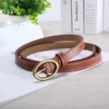 Women Brown Thin Leather Belt Gold Oval Buckle Casual Jeans Dress Waistband Accessory - 105cm / Earthy Yellow