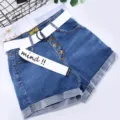 Women's blue denim shorts with white canvas D-ring belt casual summer denim bottoms variant style - White