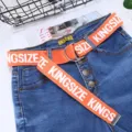 Women's blue denim jeans with orange canvas belt, white letter print and metal double ring buckle. - 130cm / Orange