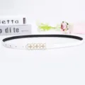 White thin belt for women with elegant gold floral buckle, versatile stylish dress accessory. - Flower Buckle One / 105cm / White