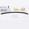 Slim white leather belt featuring a delicate triple flower metal buckle, perfect for dresses. - Flower Buckle Two / 105cm / White