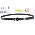 Black thin patent leather belt with chic triple flower metal buckle for women skirt wear. - Flower Buckle Two / 105cm / Black