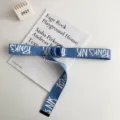 Blue canvas belt with white letter print, D-ring metal buckle, trendy student streetwear accessory. - Blue