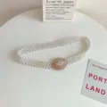Korean style multi-strand pearl belt with rhinestone flower buckle for stylish women dresses. - Style 7