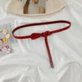 Women red genuine leather belt minimalist knot waist strap dress clothing accessory - Red