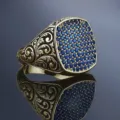 Detail view of vintage men signet ring with engraved scrollwork and pave blue stones face. - Size 6 / Blue