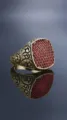 Retro vintage red stone signet ring for men with intricate carved scroll band details. - Size 6 / Red