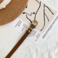 Slim brown leather belt for women, stylish minimalist metal buckle strap for jeans. - Brown