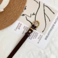 Dark brown leather belt for women, slim minimalist waist belt with gold buckle for jeans. - Coffee