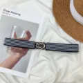 Women's elastic stripe waist belt with stylish gold metal buckle for summer fashion - Metal Round Buckle (Blue White Blue)