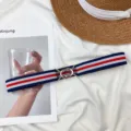 Elastic stretch belt for women, blue white red striped waist belt with metal buckle - Metal Round Buckle (Blue White Red)