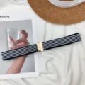 Women Striped Elastic Waist Belt Fashion Gold Metal Buckle Casual Dress Waistband - Metal Square Buckle (Blue White Blue)
