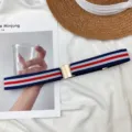 Women elastic stretch belt featuring classic red white blue stripes and gold metal buckle. - Metal Square Buckle (Blue White Red)