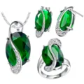 Argento verde pietra preziosa set di gioielli collana orecchini anello elegante - Taglia 6 / Verde