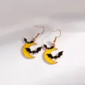 Halloween bat yellow crescent moon drop earrings, cute quirky alloy jewelry for party. - Yellow Moon Black Bat Style (YD-301)