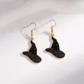 Gold hook earrings featuring black enamel witch hat pendant with wizard design for Halloween. - English Star Moon Black Wizard Hat Style (YD-301)