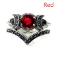 Set di anelli triplo luna gotico argento gemma rossa stile bohémien gioiello top - Taglia 6 / Cristallo Rosso