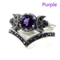 Anello gotico tripla luna ametista vista dettaglio in viola, design fascia stelle argento. - Taglia 6 / Ametista