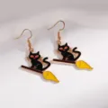 Halloween black cat broom drop earrings cute holiday party fashion jewelry gifts for women - Black Cat Riding Broom Style (YD-301)