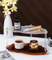 Clear acrylic two tier desktop storage shelf for perfume, cosmetics, and small items. - L / Brown Ripple