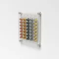 Acrylic wall mounted coffee capsule holder for office coffee bar display detail view - Clear Transparent