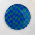 Retro wavy checkerboard round acrylic coaster and perfume tray for home bar and cafe decor. - Cyan