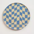 Retro wavy checkerboard circular acrylic coffee cup coaster for bar and table decor - Creamy White and Blue