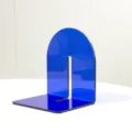 Blue translucent acrylic L-shaped bookend with arched slot for desktop book organization - Translucent Blue