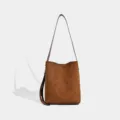 Brown suede shoulder bucket bag, casual versatile women messenger bag variant style. - Brown