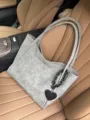 Grey soft leather tote bag with stylish heart chain charm, large capacity shoulder handbag. - Gray
