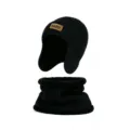 Conjunto de gorro de punto negro y calentador de cuello polar con parche de cuero salty. - Ajustable / Black (Hat And Neck Warmer)