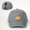 Gewaschene graue Zopf-Baseballkappe mit süßem Capybara-Bananen-Druck für Outdoor-Freizeit. - Verstellbar / Grau