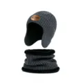Conjunto de gorro de punto grueso con orejeras y calentador de cuello forrado invierno - Gorro + Calentador de cuello / Ajustable / Gris oscuro