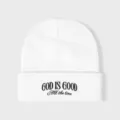 Witte gebreide muts met God is Good borduurwerk, stijlvolle warme winterse casual hoofddeksel. - Verstelbaar / Wit