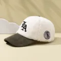 Faux shearling corduroy color block baseball cap with LA embroidery stylish winter hat - Adjustable / White