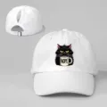 Gorra de béisbol blanca con coleta y estampado de gato negro NOPE, sombrero ajustable. - Ajustable / Blanco