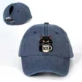 Moderna gorra de béisbol de mezclilla ponytail con estampado de gato negro, ajustable. - Ajustable / Azul Marino
