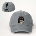 Gorra de béisbol de algodón lavado con coleta y divertido estampado de café de gato negro, ajustable. - Ajustable / Gris