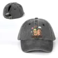 Detailed close-up of the cute capybara print and washed cotton fabric on the baseball hat. - Adjustable / Black