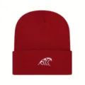 Berretto in maglia rossa con ricamo a onda bianca sul risvolto, caldo, comodo e casual. - Regolabile / Borgogna