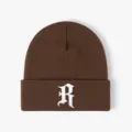 Brown knit beanie hat detail view, white embroidered R letter logo, winter warm headwear - Adjustable / Coffee