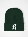 Dark green knit beanie with white gothic R embroidery, cozy winter hat for outdoor wear. - Adjustable / Dark Green